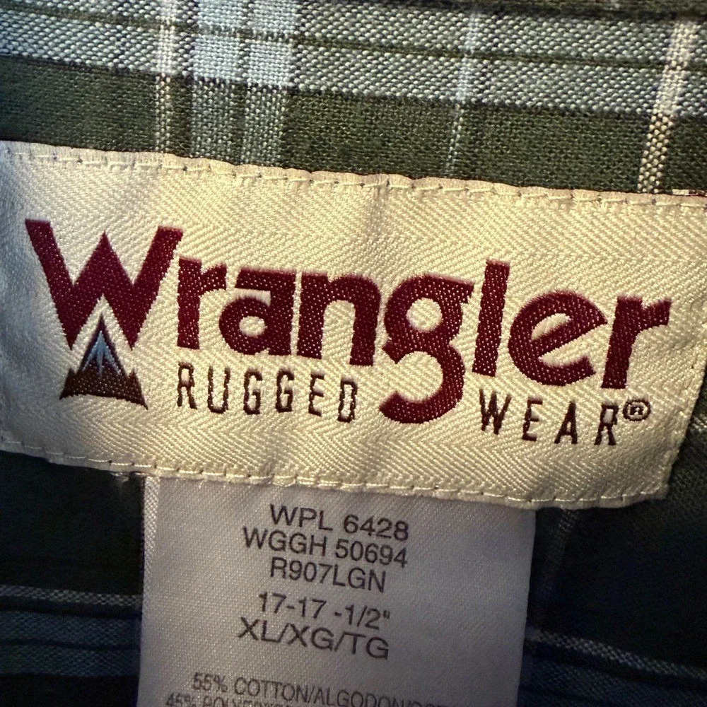 Wrangler Rugged Wear Mens XL Green Plaid Long Sleeve Button Down Shirt WGGH50694
